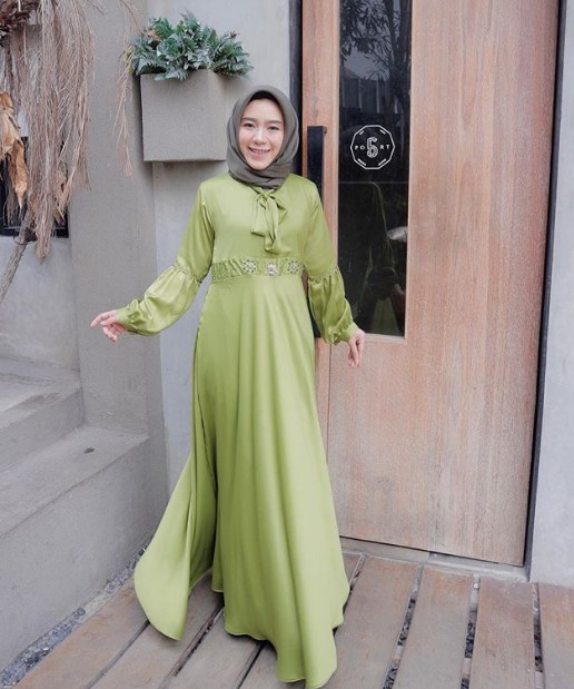Koleksi Baju Gamis Tanah Abang Kekinian Pinggang Kerut Soft Green