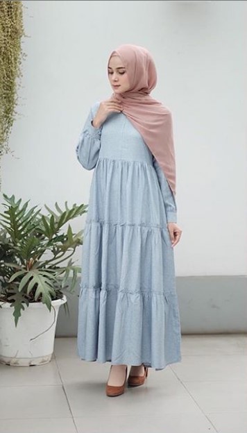 Koleksi Baju Gamis Tanah Abang Kekinian Rok Renda Tumpuk Soft Blue