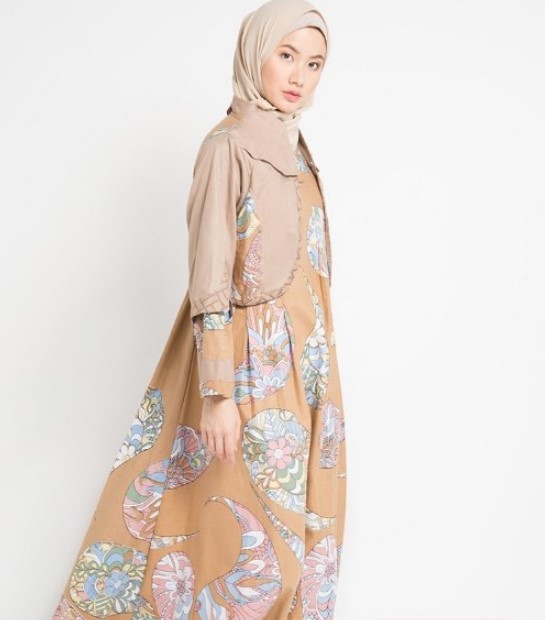 Model Baju Batik Gamis Kombinasi Terbaru Modern Blazer Cream