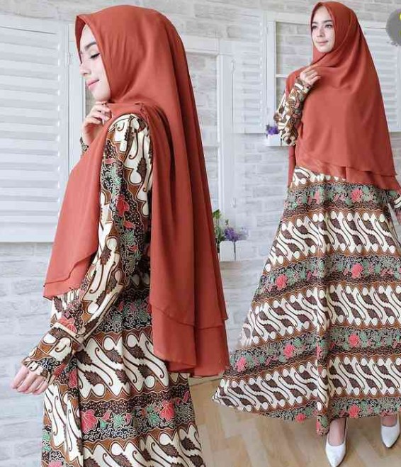 Model Baju Batik Gamis Kombinasi Terbaru Modern Coklat Orange