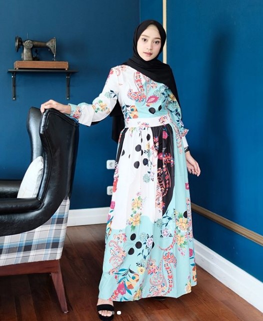 Model Baju Batik Gamis Kombinasi Terbaru Modern Soft Blue