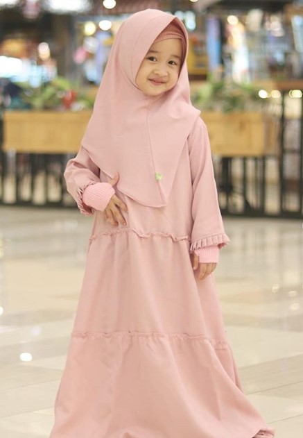 Model Baju Gamis Anak Katun Jepang Terbaru Simple Rok Rempel Soft Pink
