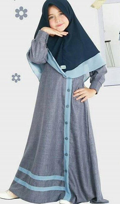 Model Baju Gamis Anak Perempuan Terbaru Kancing Depan Abu Muda Soft Blue