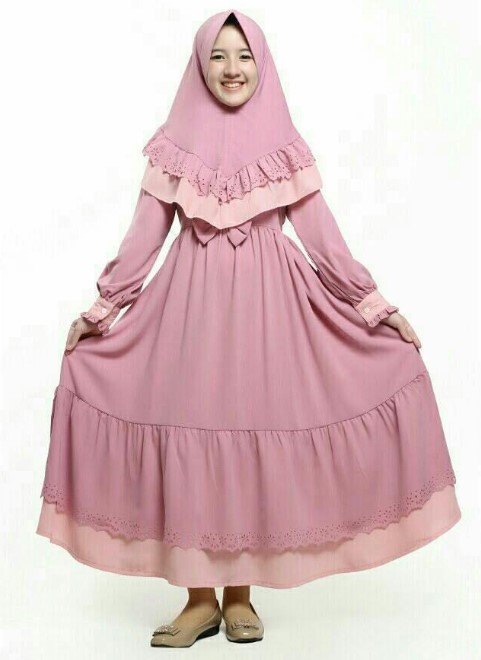 Model Baju Gamis Anak Perempuan Terbaru Rok Rempel Renda Dusty Soft Pink