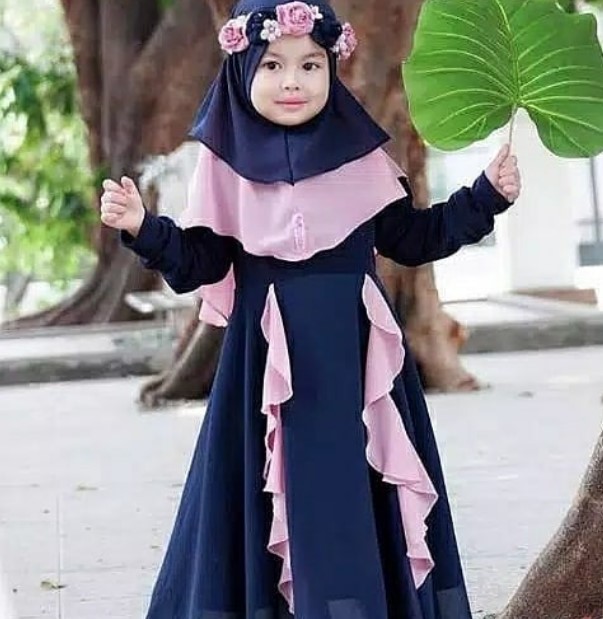 Model Baju Gamis Anak Perempuan Terbaru Sifon Rumbai Navy Pink