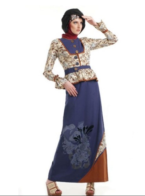 Model Baju Gamis Batik Blazer Terbaru Floral Biru Tua Coklat Putih