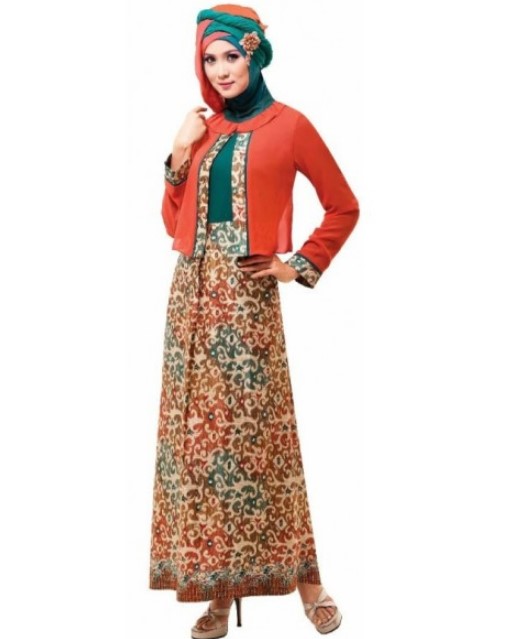 Model Baju Gamis Batik Blazer Terbaru Hijau Orange
