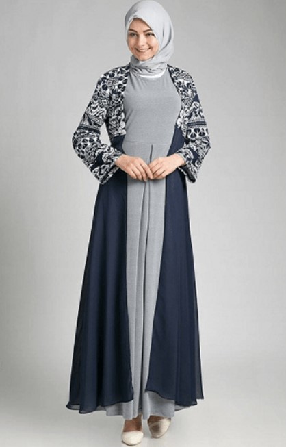 Model Baju Gamis Batik Kombinasi Blazer Panjang Abu Muda Navy