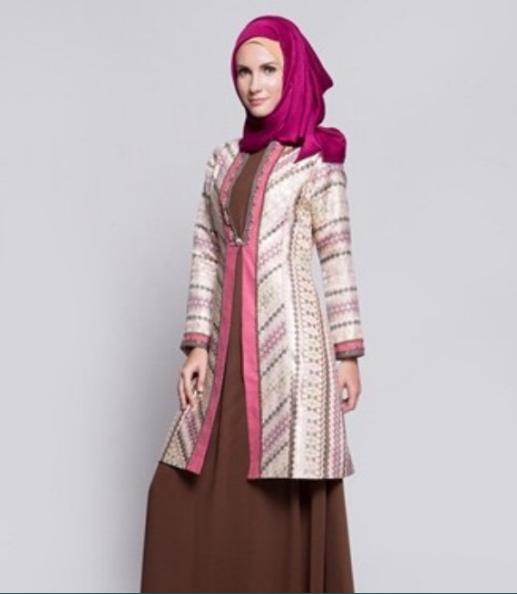 Model Baju Gamis Batik Kombinasi Blazer Panjang Cream Putih Pink