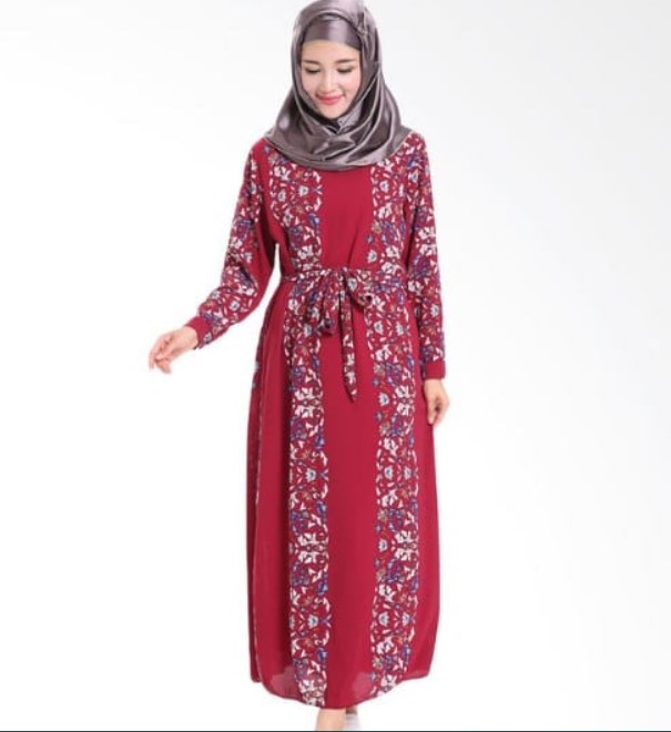Model Baju Gamis Batik Kombinasi Blazer Panjang Floral Merah Hati