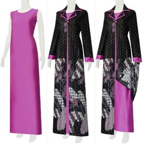 Model Baju Gamis Batik Kombinasi Blazer Panjang Hitam Ungu