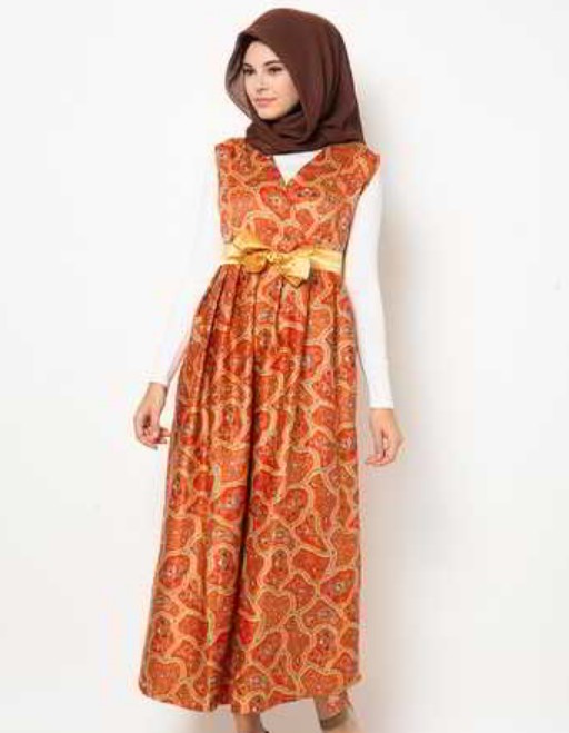 Model Baju Gamis Batik Kombinasi Blazer Panjang Ikat Pinggang Orange
