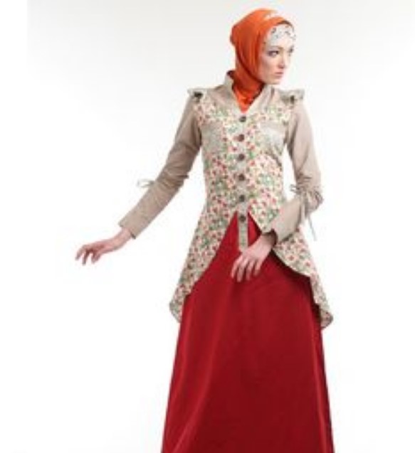 Model Baju Gamis Batik Kombinasi Blazer Panjang Merah Putih