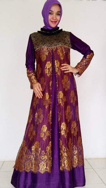 Model Baju Gamis Batik Kombinasi Blazer Panjang Ungu Tua Gold