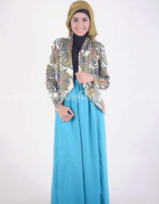 Model Baju Gamis Batik Kombinasi Blazer Terbaru Biru Langit