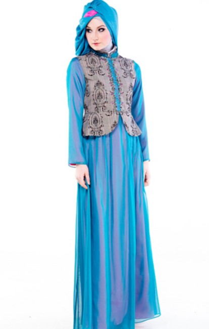 Model Baju Gamis Batik Kombinasi Blazer Terbaru Biru Muda