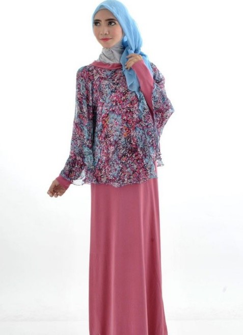 Model Baju Gamis Batik Kombinasi Blazer Terbaru Dusty Pink Blue