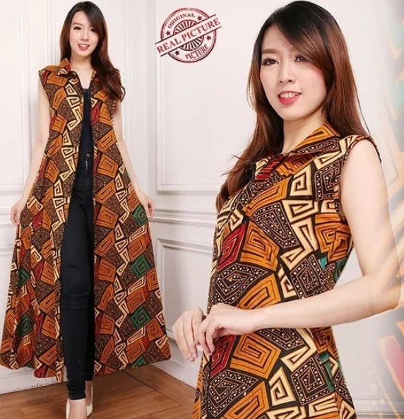 Model Baju Gamis Batik Kombinasi Blazer Terbaru Panjang Coklat Muda