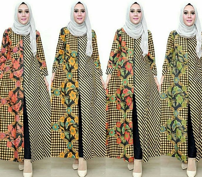 Model Baju Gamis Batik Kombinasi Blazer Terbaru Panjang Coklat