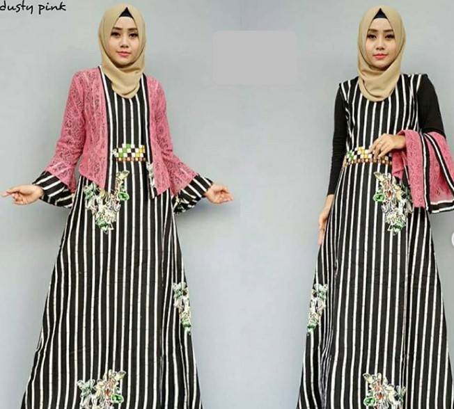 Model Baju Gamis Batik Kombinasi Brokat Blazer Dusty Pink Hitam