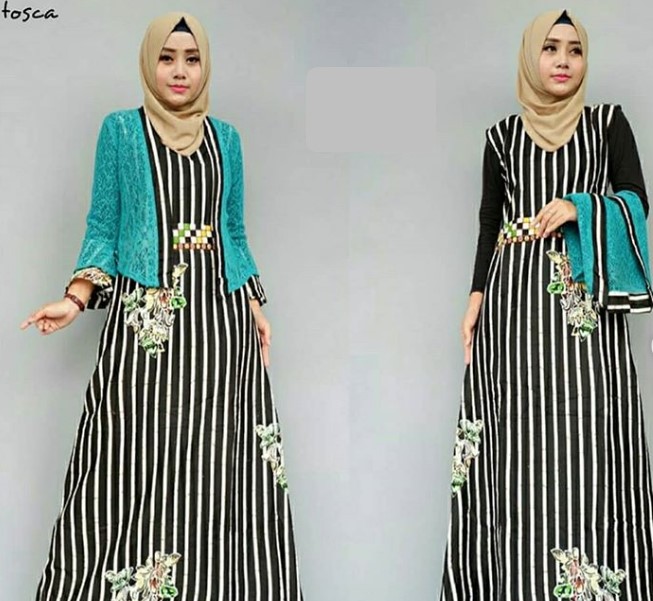 Model Baju Gamis Batik Kombinasi Brokat Blazer Dusty Tosca Stripe Hitam