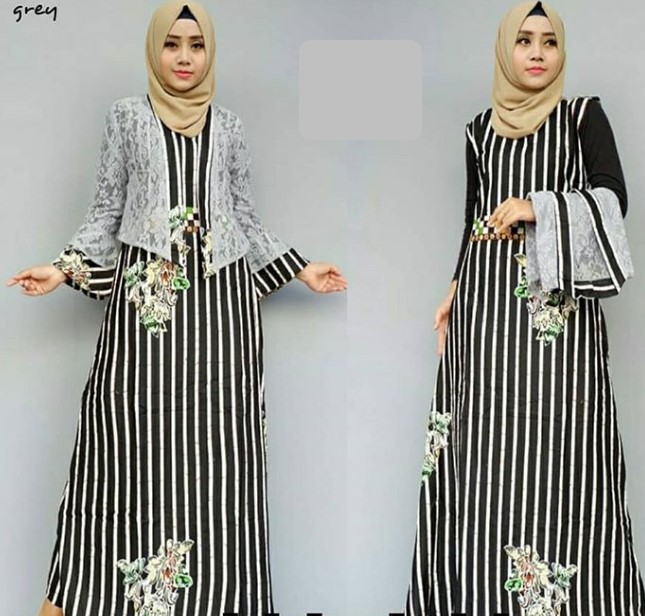 Model Baju Gamis Batik Kombinasi Brokat Blazer Soft Grey Stripe Hitam