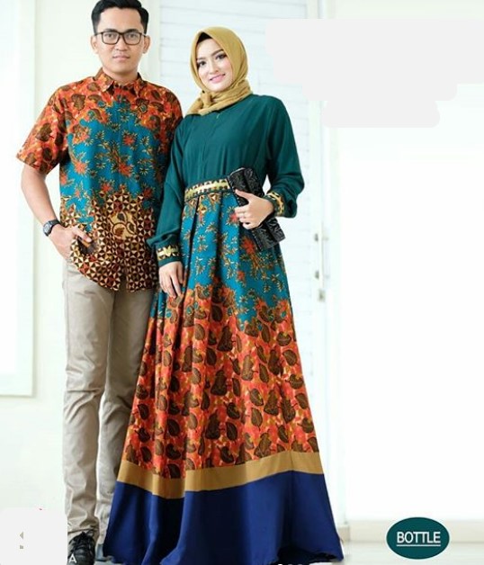 Model Baju Gamis Batik Kombinasi Kain Polos Katun Jepang Hijau Botol