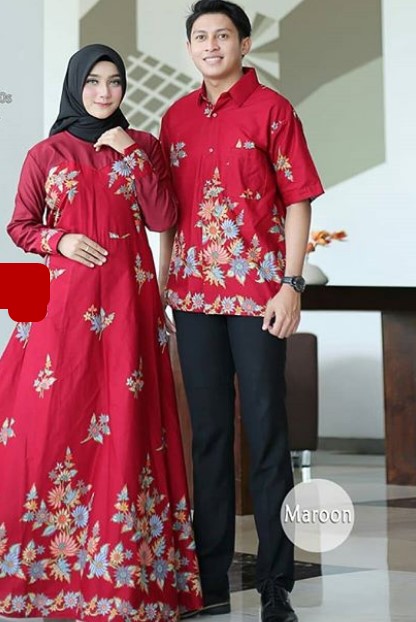 Model Baju Gamis Batik Kombinasi Kain Polos Katun Jepang Merah Maroon