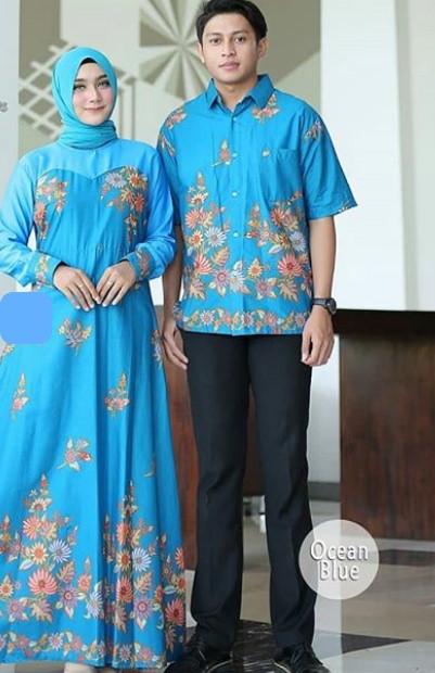 Model Baju Gamis Batik Kombinasi Kain Polos Katun Jepang Ocean Blue