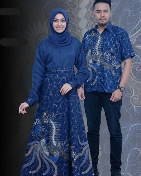 Model Baju Gamis Batik Kombinasi Kain Polos Modern Navy