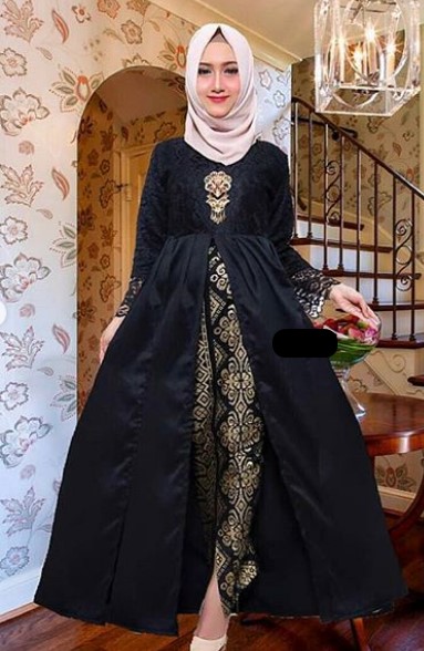 Model Baju Gamis Batik Kombinasi Kain Polos Satin Brokat Hitam