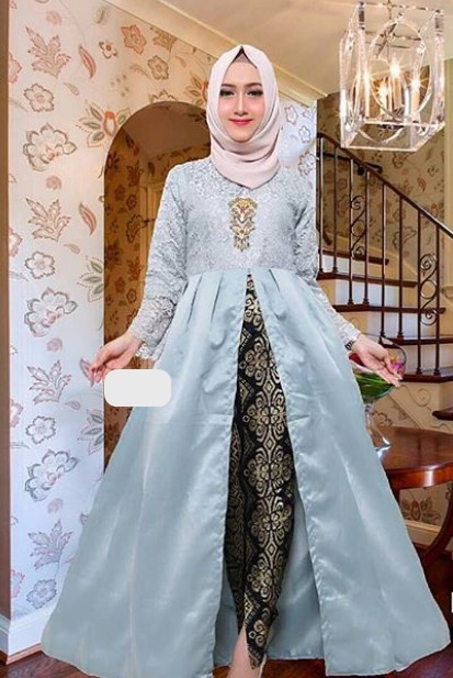 Model Baju Gamis Batik Kombinasi Kain Polos Satin Brokat Soft Grey