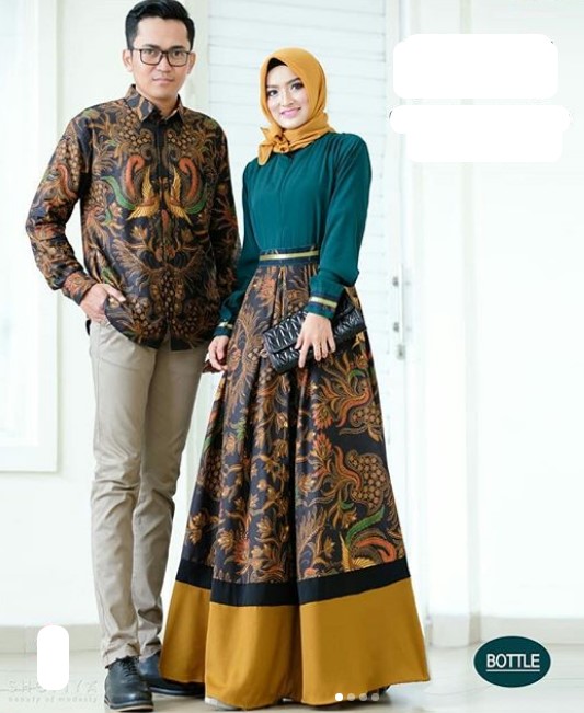 Model Baju Gamis Batik Kombinasi Kain Polos Satin Simple Hijau Botol
