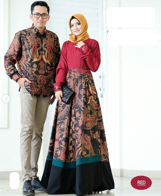 Model Baju Gamis Batik Kombinasi Kain Polos Satin Simple Merah Maroon