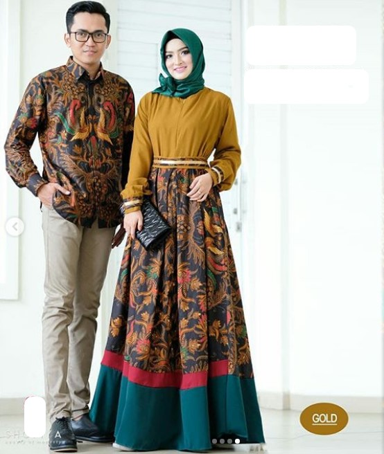 Model Baju Gamis Batik Kombinasi Kain Polos Satin Simple Mustard Gold