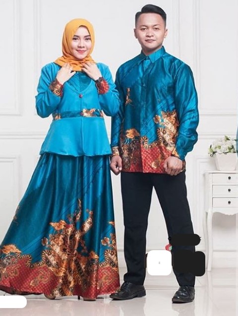 Model Baju Gamis Batik Kombinasi Kain Polos Satin Simple Rompi Blue Sea