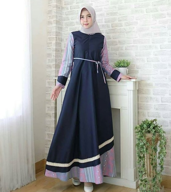 Model Baju Gamis Batik Kombinasi Kain Polos Simple Navy