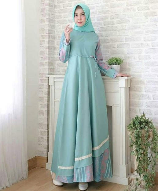 Model Baju Gamis Batik Kombinasi Kain Polos Simple Soft Tosca