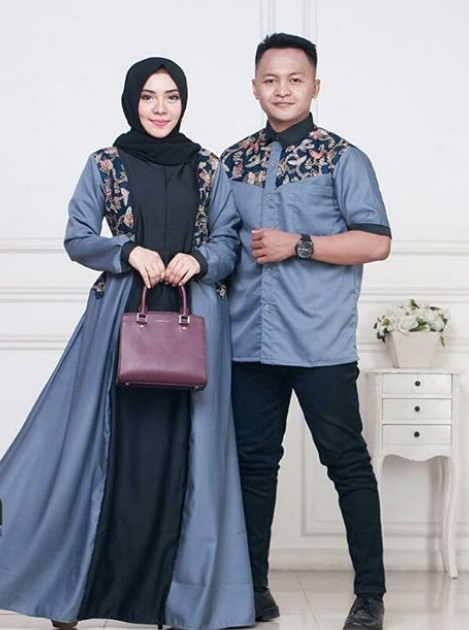 Model Baju Gamis Batik Kombinasi Kain Polos Terbaru Abu Tua Hitam