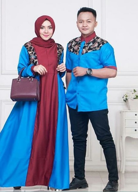 Model Baju Gamis Batik Kombinasi Kain Polos Terbaru Dark Blue Maroon