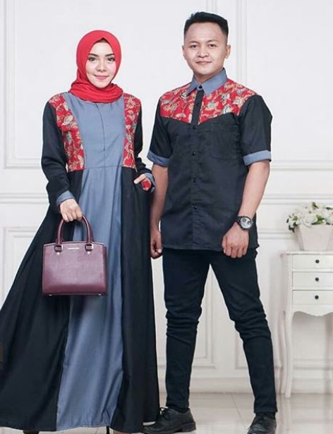 Model Baju Gamis Batik Kombinasi Kain Polos Terbaru Hitam Dark Grey