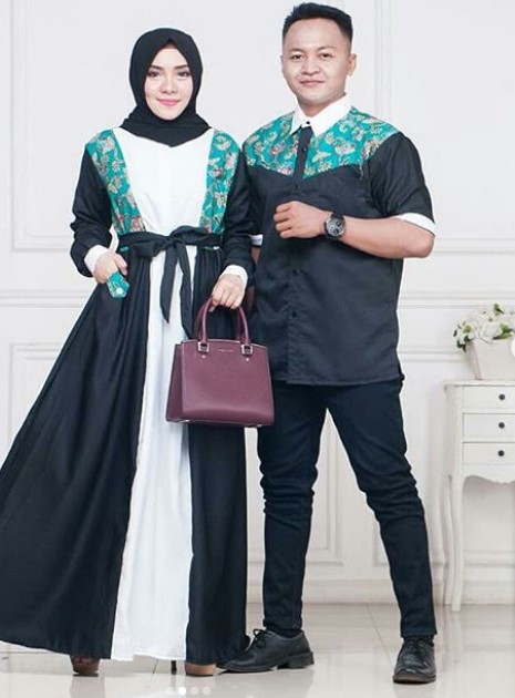 Model Baju Gamis Batik Kombinasi Kain Polos Terbaru Hitam Hijau Putih
