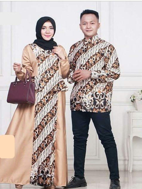 Model Baju Gamis Batik Kombinasi Kain Polos Terbaru Peplum Soft Peach