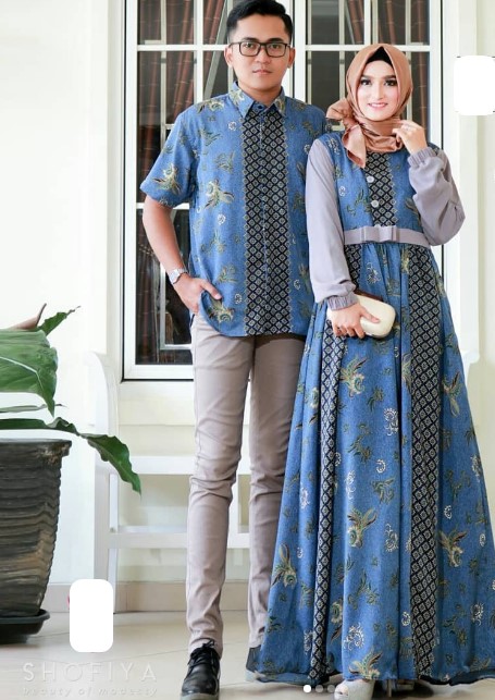 Model Baju Gamis Batik Kombinasi Kain Polos Terbaru Soft Grey Dark Blue