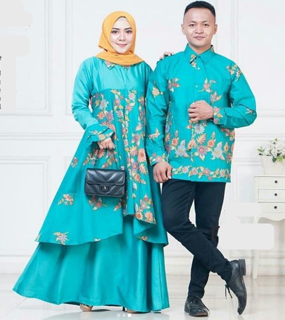 Model Baju Gamis Batik Kombinasi Satin Terbaru Peplum Panjang BiruTosca