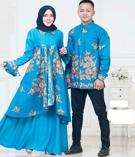 Model Baju Gamis Batik Kombinasi Satin Terbaru Peplum Panjang Blue Sea