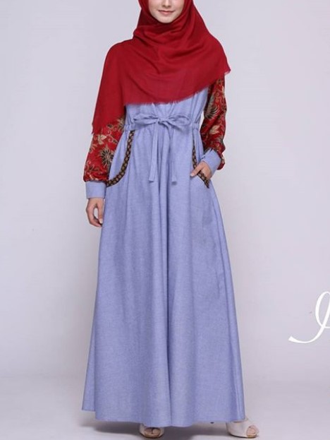 Model Baju Gamis Batik Kombinasi Satin Terbaru Tali Pinggang Soft Denim