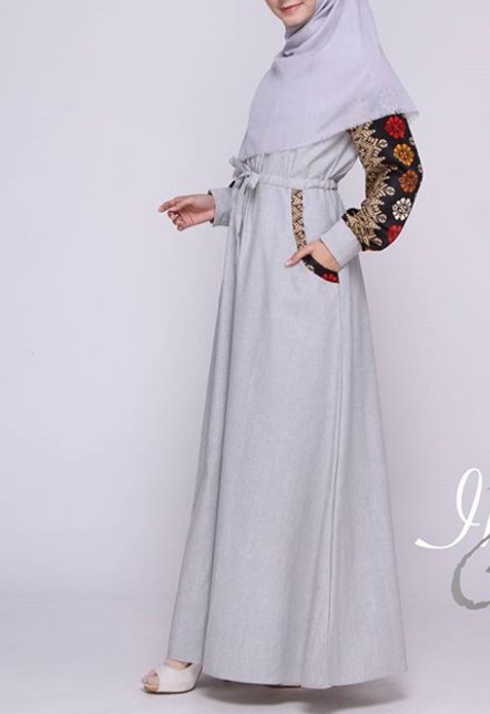 Model Baju Gamis Batik Kombinasi Satin Terbaru Tali Pinggang Soft Grey