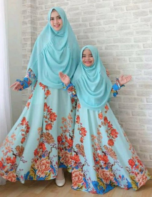 Model Baju Gamis Couple Ibu Anak Modern Motif Bunga Besar Soft Tosca