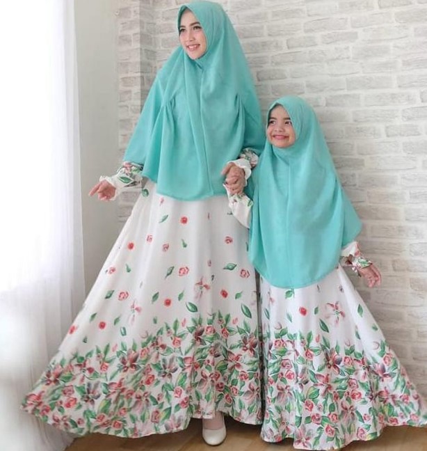 Model Baju Gamis Couple Ibu Anak Modern Putih Tosca